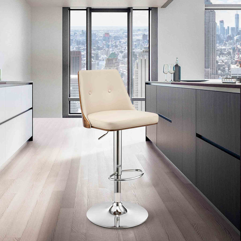 Jacob Adjustable and Swivel Cream Faux Leather and Walnut Wood Bar Stool with Chrome Base - Furniture City (CA)l