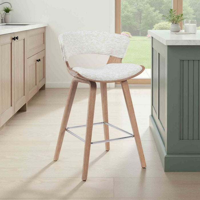 Jagger Modern Counter Height Bar Stool in White Wash Finish with Oatmeal Upholstered Seat