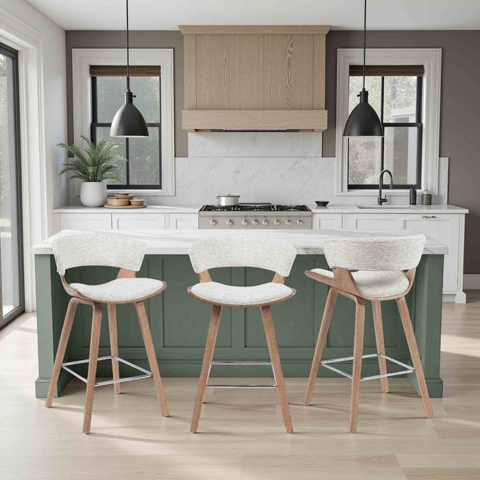 Jagger Modern Counter Height Bar Stool in White Wash Finish with Oatmeal Upholstered Seat