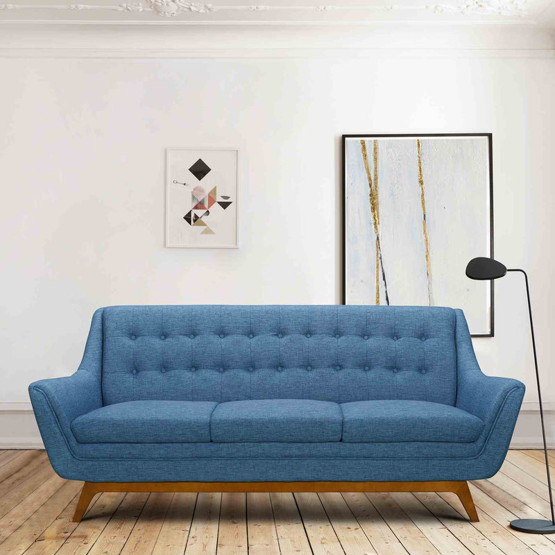 Janson Mid-Century Sofa in Champagne Wood Finish and Blue Fabric - Furniture City (CA)l