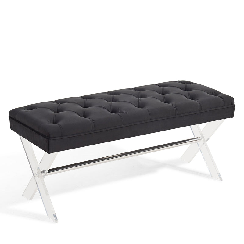 Joanna Ottoman Bench in Black Tufted Velvet with Crystal Buttons and Acrylic Legs - Furniture City (CA)l