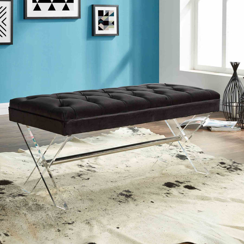 Joanna Ottoman Bench in Black Tufted Velvet with Crystal Buttons and Acrylic Legs - Furniture City (CA)l