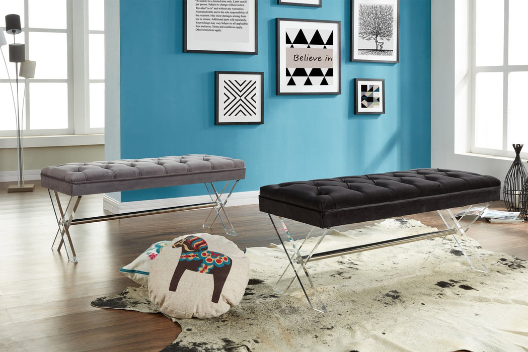 Joanna Ottoman Bench in Black Tufted Velvet with Crystal Buttons and Acrylic Legs