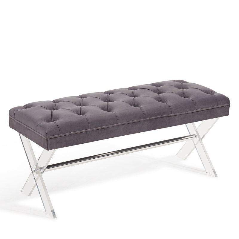 Joanna Ottoman Bench in Gray Tufted Velvet with Crystal Buttons and Acrylic Legs - Furniture City (CA)l