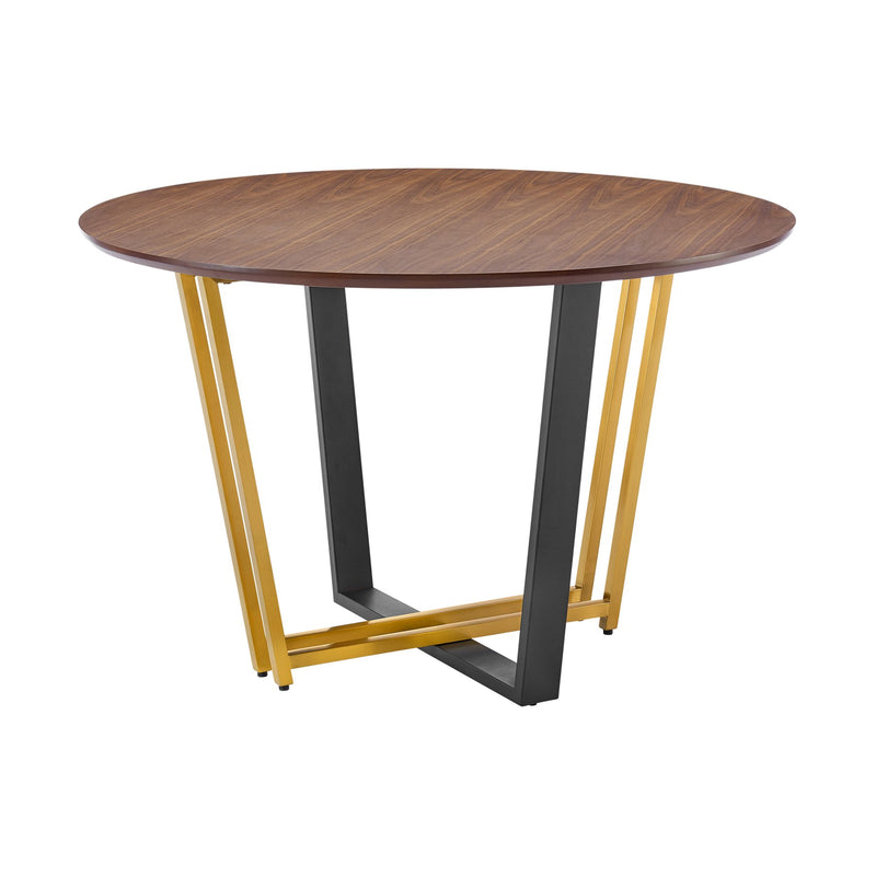 Joana 48" Round Dining Table in Gold Stainless Steel and Black Iron Base with Walnut Tabletop - Furniture City (CA)l