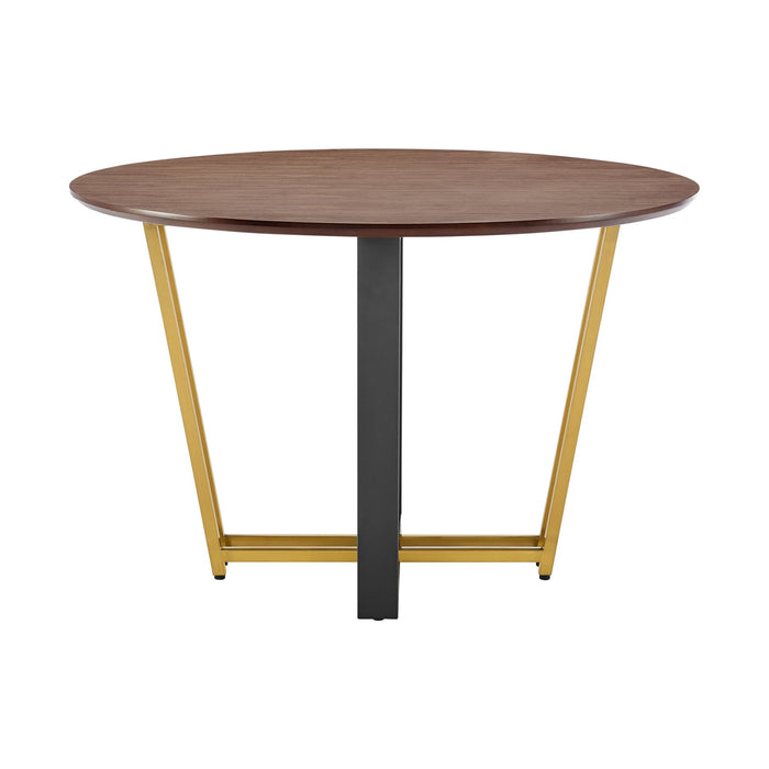 Joana 48" Round Dining Table in Gold Stainless Steel and Black Iron Base with Walnut Tabletop