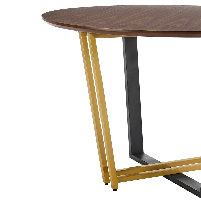Joana 48" Round Dining Table in Gold Stainless Steel and Black Iron Base with Walnut Tabletop - Furniture City (CA)l