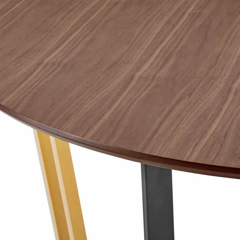 Joana 48" Round Dining Table in Gold Stainless Steel and Black Iron Base with Walnut Tabletop - Furniture City (CA)l