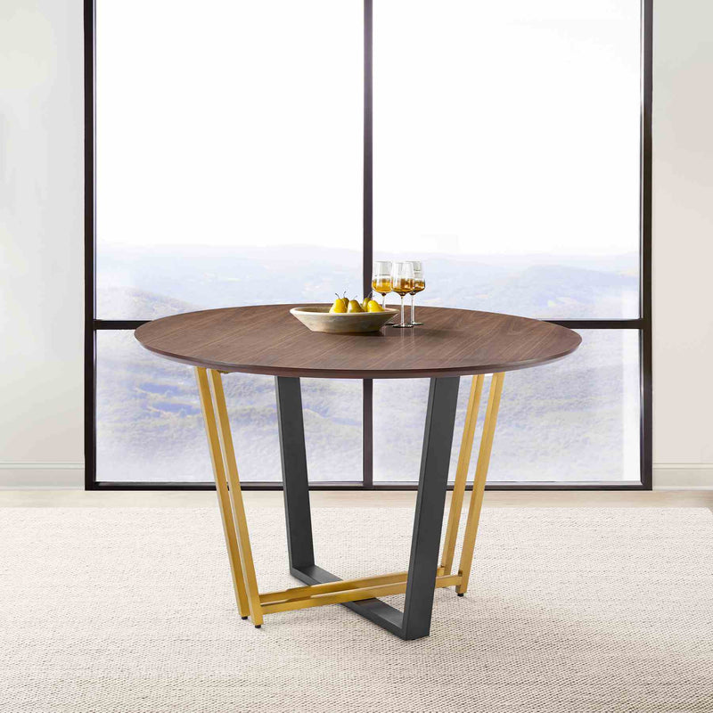 Joana 48" Round Dining Table in Gold Stainless Steel and Black Iron Base with Walnut Tabletop - Furniture City (CA)l