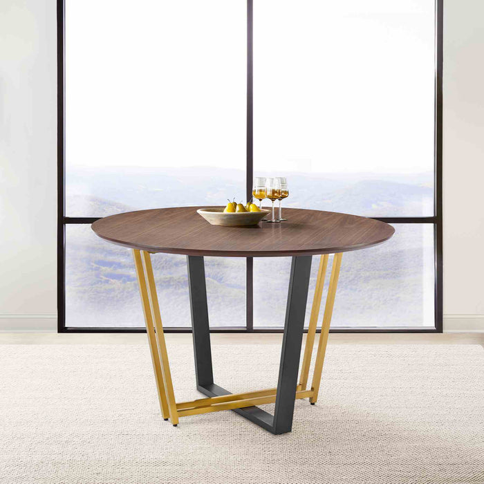 Joana 48" Round Dining Table in Gold Stainless Steel and Black Iron Base with Walnut Tabletop