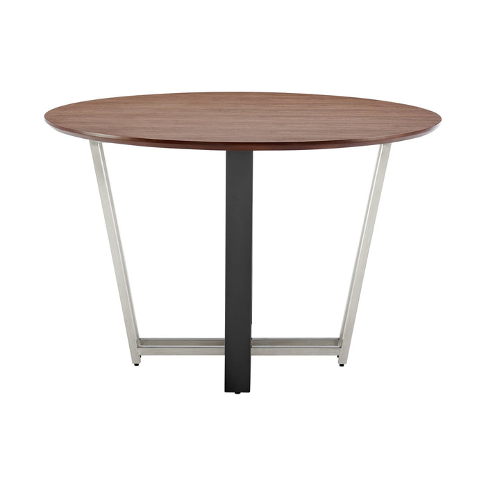 Joana 48" Round Dining Table in Brushed Stainless Steel and Black Iron Base with Walnut Tabletop