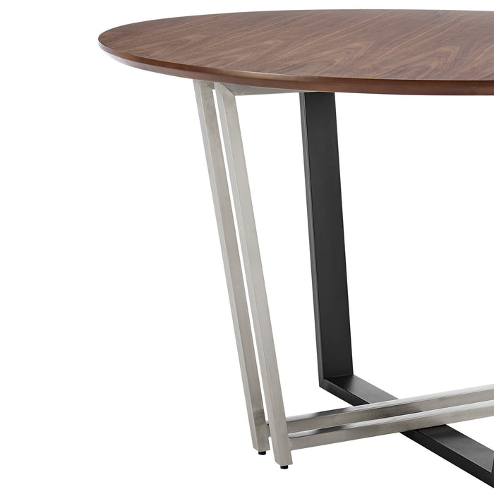 Joana 48" Round Dining Table in Brushed Stainless Steel and Black Iron Base with Walnut Tabletop