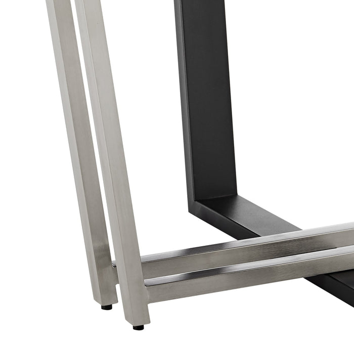 Joana 48" Round Dining Table in Brushed Stainless Steel and Black Iron Base with Walnut Tabletop