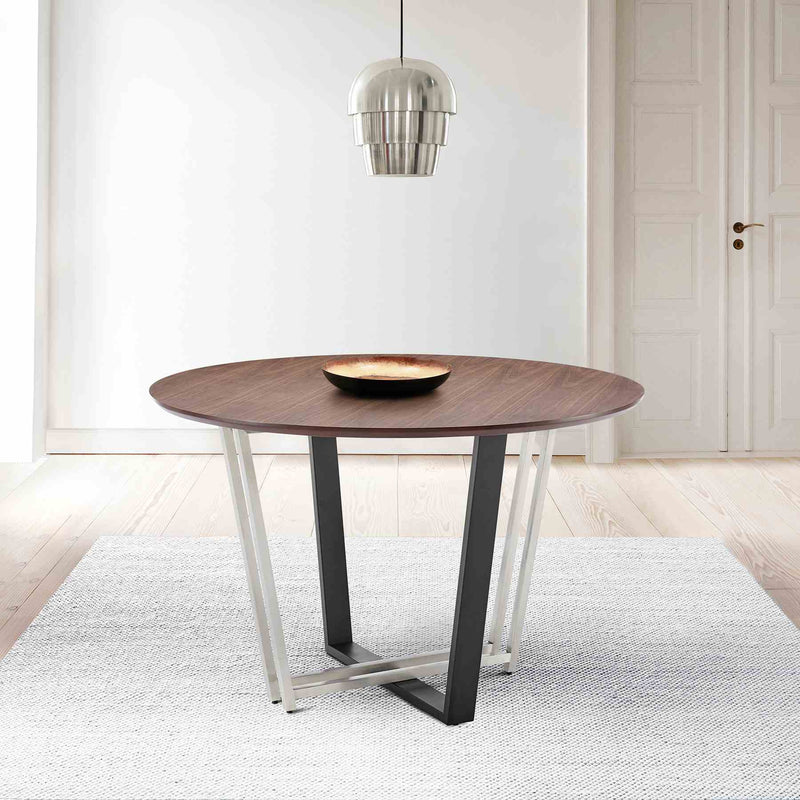 Joana 48" Round Dining Table in Brushed Stainless Steel and Black Iron Base with Walnut Tabletop - Furniture City (CA)l
