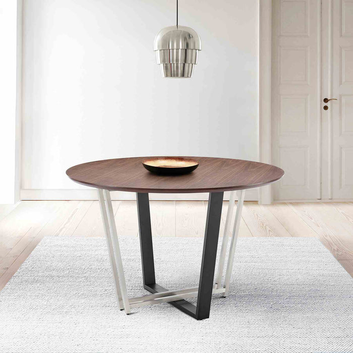 Joana 48" Round Dining Table in Brushed Stainless Steel and Black Iron Base with Walnut Tabletop