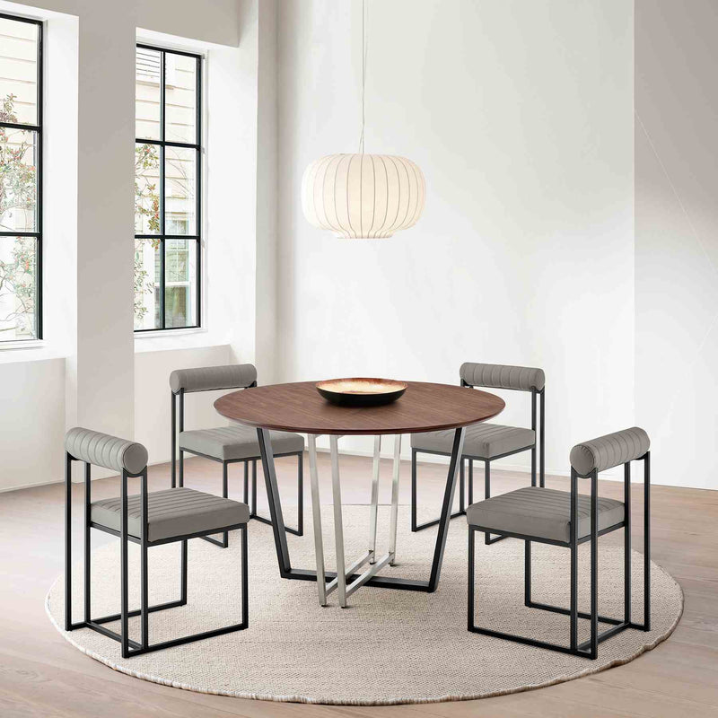 Joana 48" Round Dining Table in Brushed Stainless Steel and Black Iron Base with Walnut Tabletop - Furniture City (CA)l