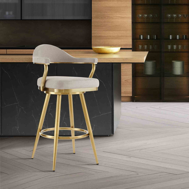Justin 30" Swivel Bar Stool with Gold Brushed Stainless Steel and Taupe Fabric - Furniture City (CA)l
