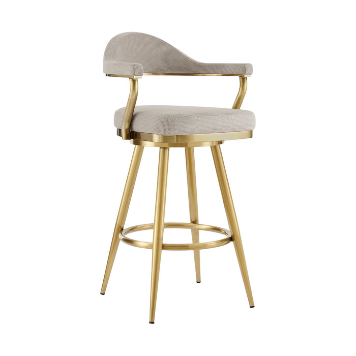 Justin 30" Swivel Bar Stool with Gold Brushed Stainless Steel and Taupe Fabric