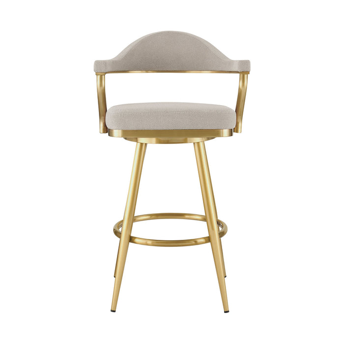 Justin 30" Swivel Bar Stool with Gold Brushed Stainless Steel and Taupe Fabric