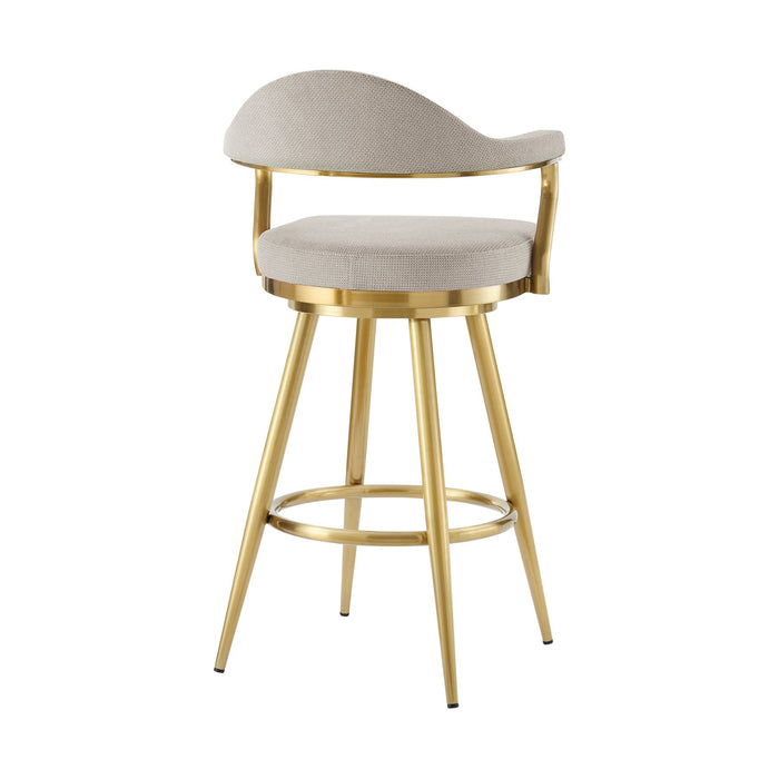 Justin 30" Swivel Bar Stool with Gold Brushed Stainless Steel and Taupe Fabric