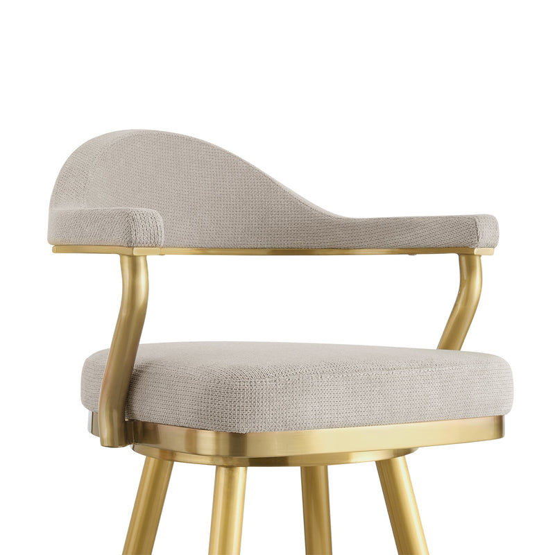 Justin 30" Swivel Bar Stool with Gold Brushed Stainless Steel and Taupe Fabric - Furniture City (CA)l