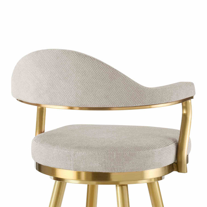 Justin 30" Swivel Bar Stool with Gold Brushed Stainless Steel and Taupe Fabric