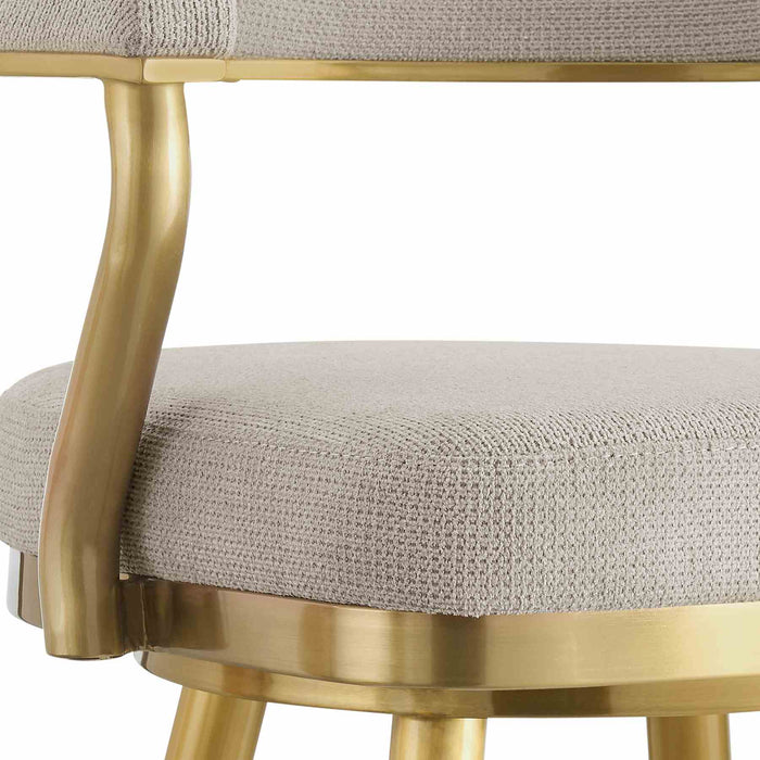 Justin 30" Swivel Bar Stool with Gold Brushed Stainless Steel and Taupe Fabric