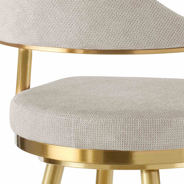 Justin 30" Swivel Bar Stool with Gold Brushed Stainless Steel and Taupe Fabric