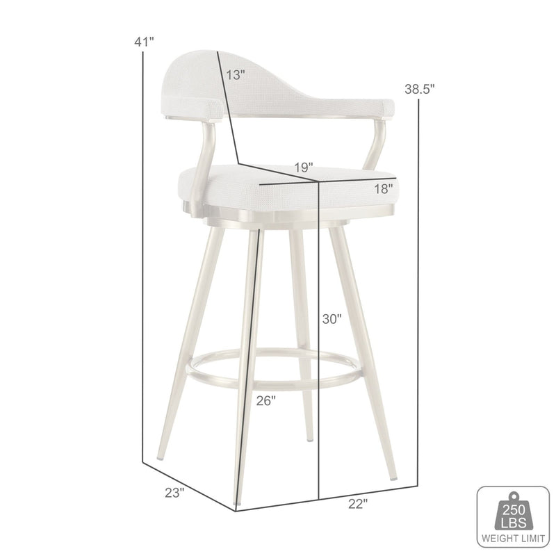 Justin 30" Swivel Bar Stool with Gold Brushed Stainless Steel and Taupe Fabric - Furniture City (CA)l