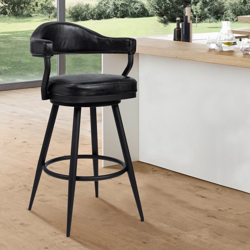 Justin 30" Bar Height Swivel Vintage Black Faux Leather Bar Stool with Black Metal Legs - Furniture City (CA)l