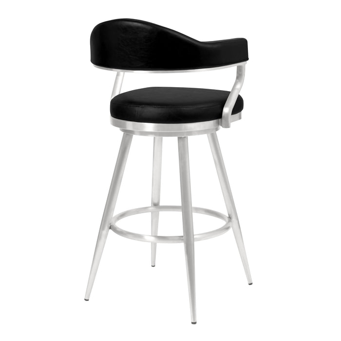 Justin 26" Counter Height Swivel Vintage Black Faux Leather Bar Stool with Brushed Stainless Steel Legs