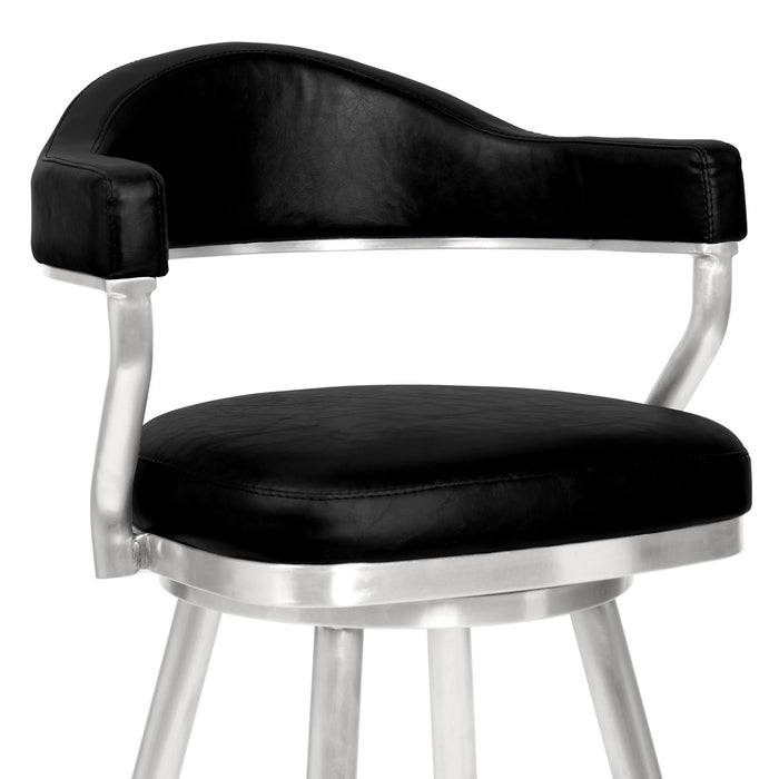 Justin 26" Counter Height Swivel Vintage Black Faux Leather Bar Stool with Brushed Stainless Steel Legs