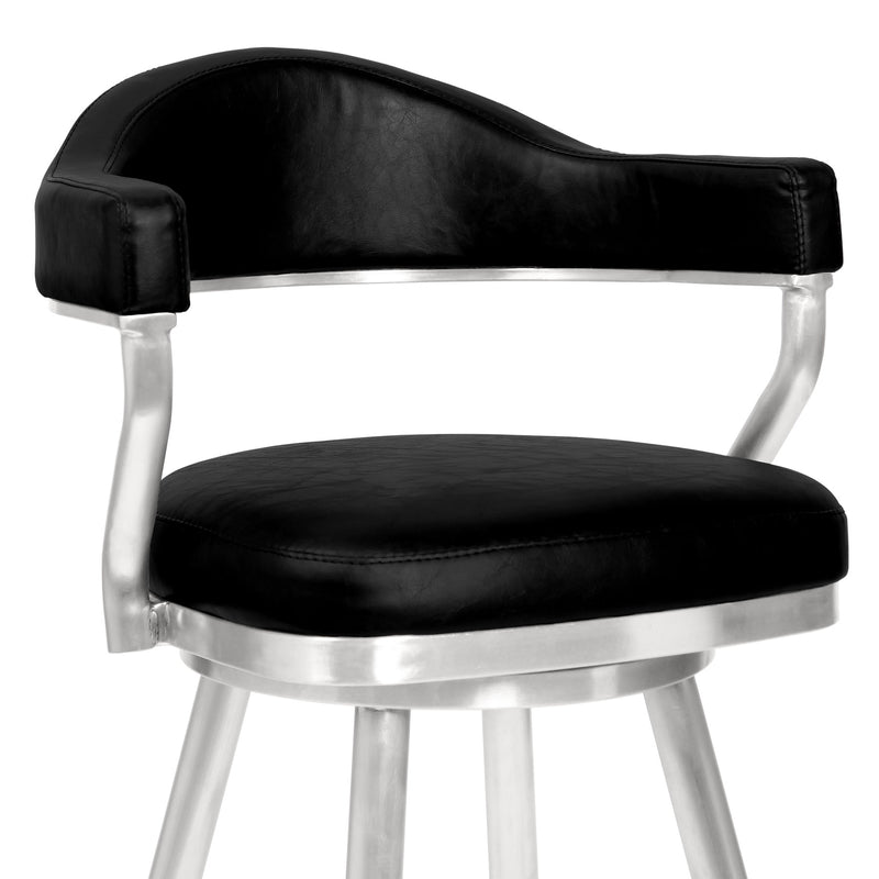 Justin 30" Bar Height Barstool in Brushed Stainless Steel and Vintage Black Faux Leather - Furniture City (CA)l