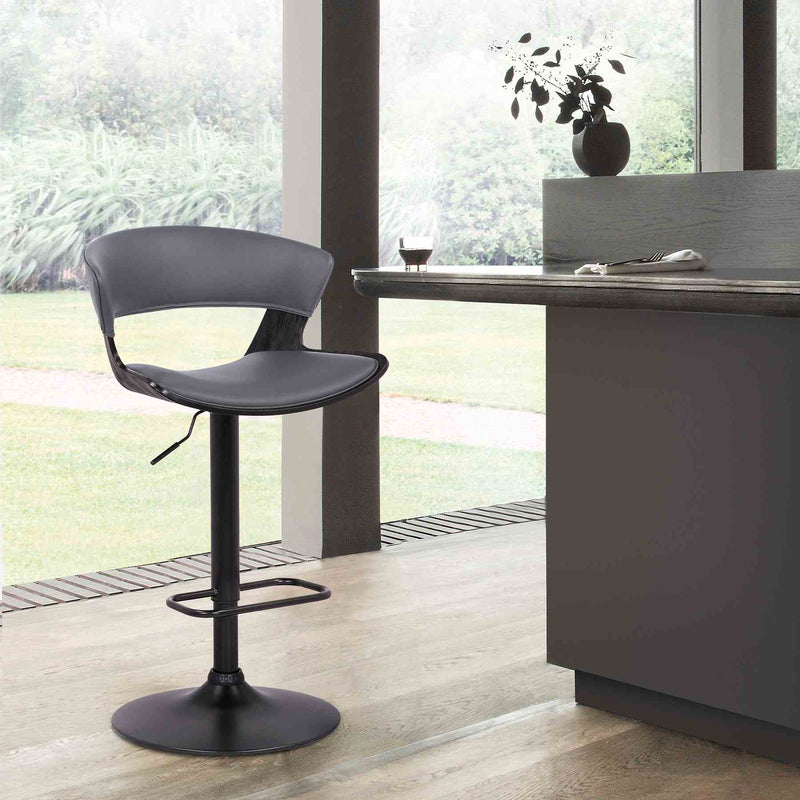 Karine Adjustable Swivel Gray Faux Leather and Black Wood Bar Stool with Black Base - Furniture City (CA)l