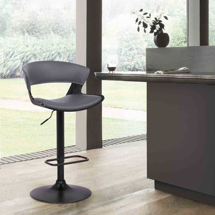 Karine Adjustable Swivel Gray Faux Leather and Black Wood Bar Stool with Black Base