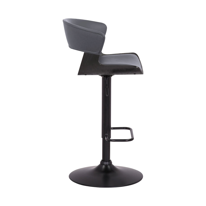 Karine Adjustable Swivel Gray Faux Leather and Black Wood Bar Stool with Black Base - Furniture City (CA)l