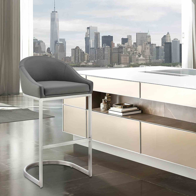 Katherine 30" Bar Stool in Brushed Stainless Steel with Gray Faux Leather - Furniture City (CA)l