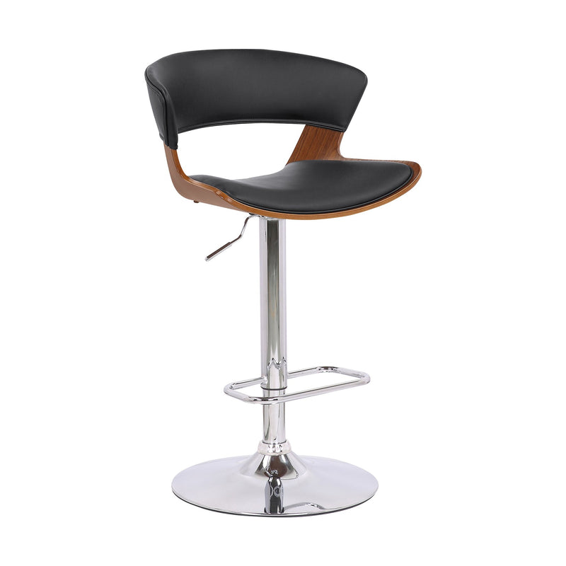 Karine Adjustable Swivel Black Faux Leather and Walnut Wood Bar Stool with Chrome Base - Furniture City (CA)l