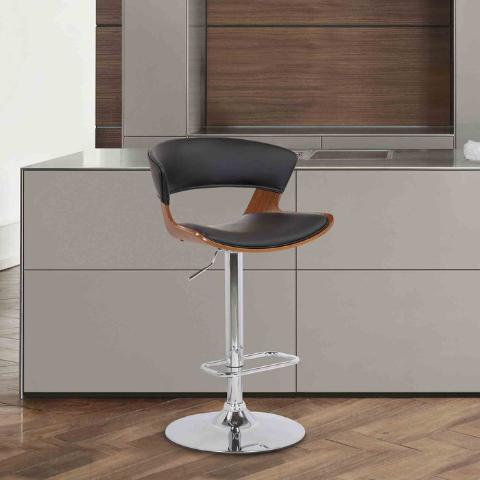Karine Adjustable Swivel Black Faux Leather and Walnut Wood Bar Stool with Chrome Base