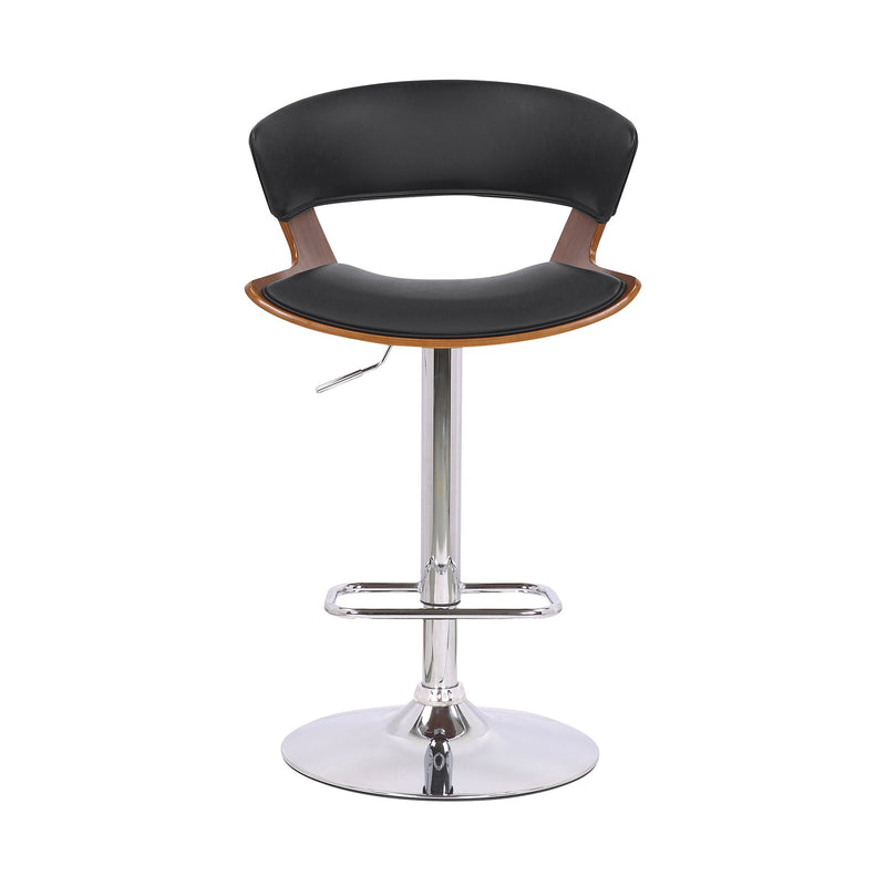 Karine Adjustable Swivel Black Faux Leather and Walnut Wood Bar Stool with Chrome Base - Furniture City (CA)l