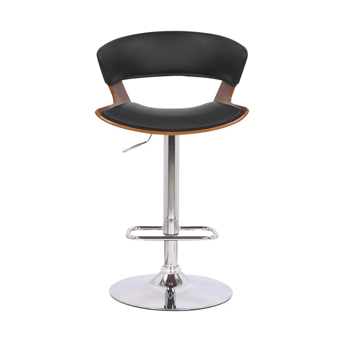 Karine Adjustable Swivel Black Faux Leather and Walnut Wood Bar Stool with Chrome Base