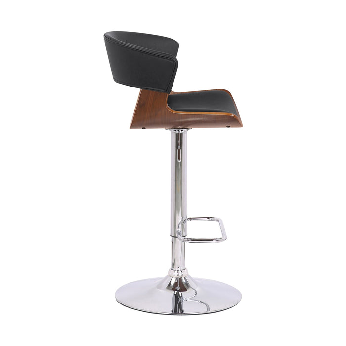 Karine Adjustable Swivel Black Faux Leather and Walnut Wood Bar Stool with Chrome Base