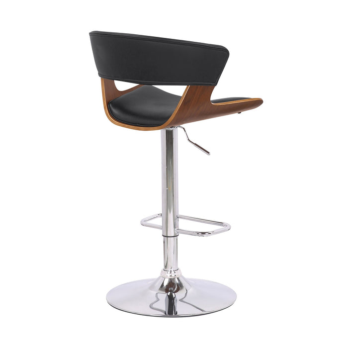 Karine Adjustable Swivel Black Faux Leather and Walnut Wood Bar Stool with Chrome Base