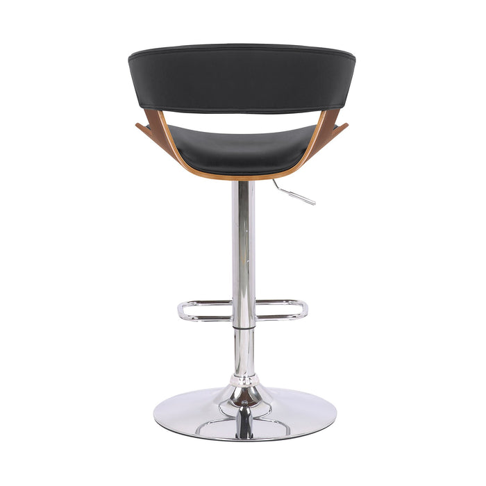 Karine Adjustable Swivel Black Faux Leather and Walnut Wood Bar Stool with Chrome Base