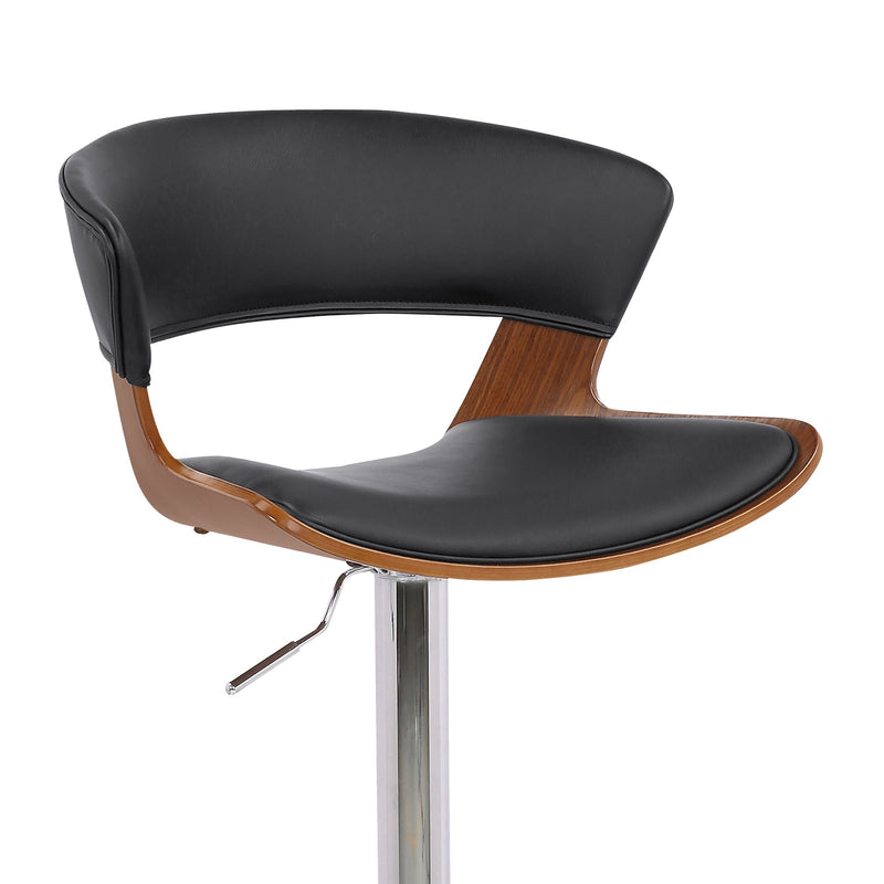 Karine Adjustable Swivel Black Faux Leather and Walnut Wood Bar Stool with Chrome Base - Furniture City (CA)l