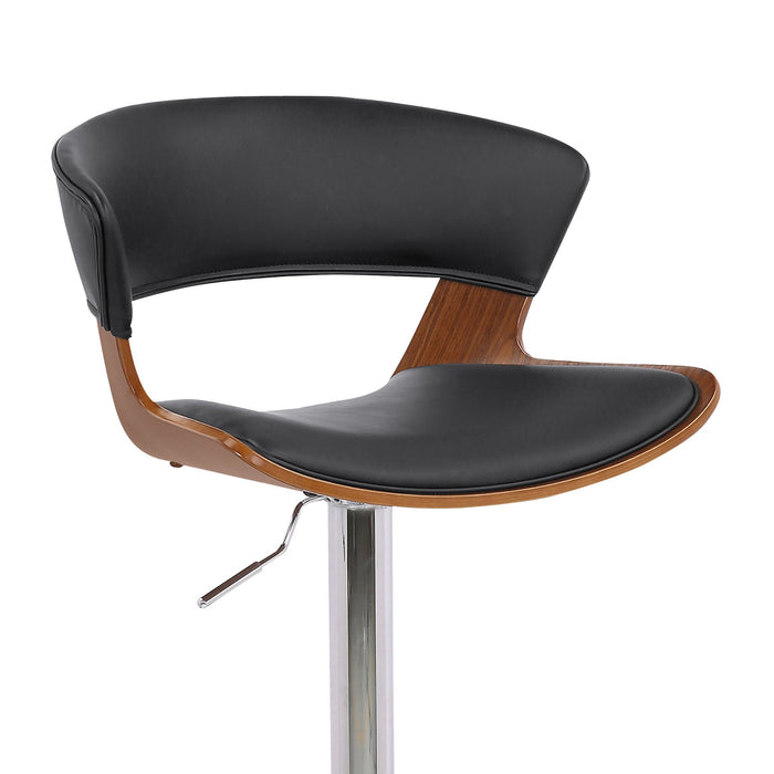Karine Adjustable Swivel Black Faux Leather and Walnut Wood Bar Stool with Chrome Base