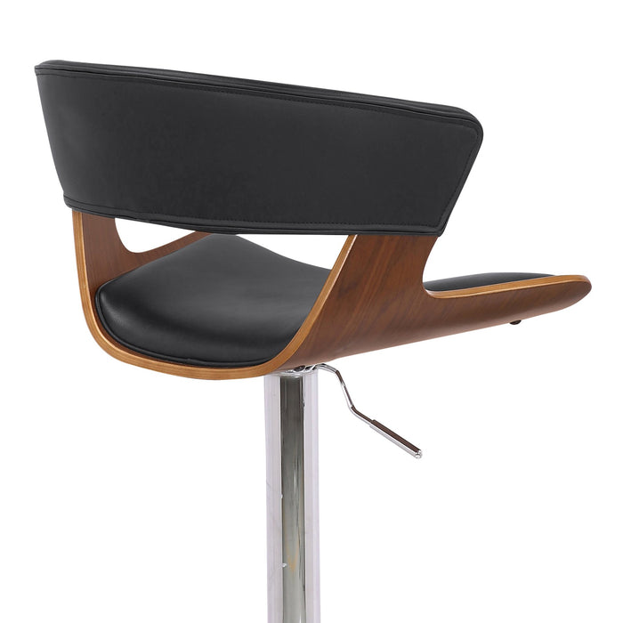 Karine Adjustable Swivel Black Faux Leather and Walnut Wood Bar Stool with Chrome Base