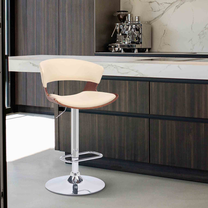 Karine Adjustable Swivel Cream Faux Leather and Walnut Wood Bar Stool with Chrome Base