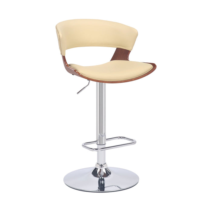 Karine Adjustable Swivel Cream Faux Leather and Walnut Wood Bar Stool with Chrome Base