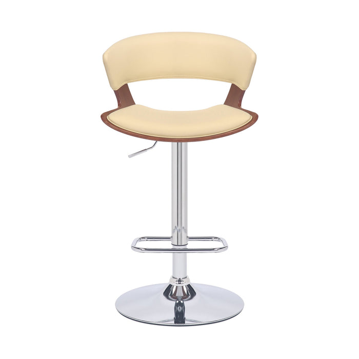 Karine Adjustable Swivel Cream Faux Leather and Walnut Wood Bar Stool with Chrome Base
